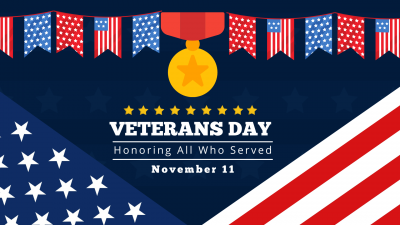 American flags with text Veterans Day Honoring All Who Served November 11