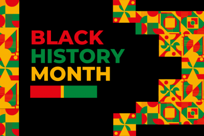 Black History Month text on black background with red, green, and yellow patterned textiles