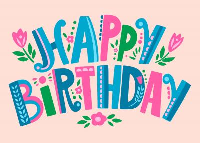 text of Happy Birthday with drawn flowers