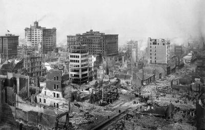 black and white photo of damage to San Francisco in 1906