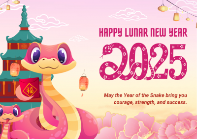 lunar new year 2025 text with illustrated cute pink snake and temple