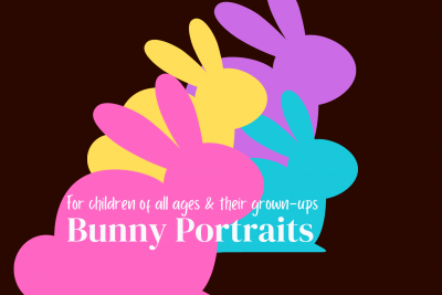 illustrated figures of four rabbits in pink, blue, yellow, and purple