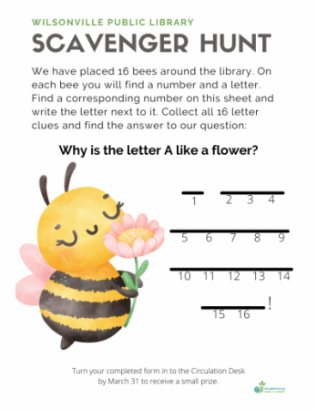 scavenger hunt puzzle sheet with instructions and illustration of bee smelling a flower