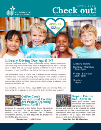 cover of April 2025 Wilsonville Public Library Newsletter