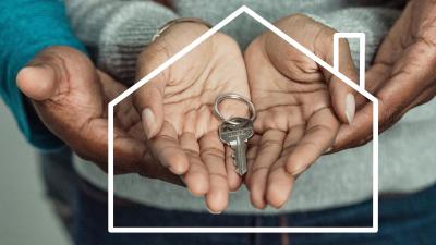 two sets of hands holding a house key with an overlaid line drawing of a house