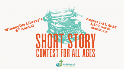 2025 Short Story Contest logo with turquoise typewriter and orange text