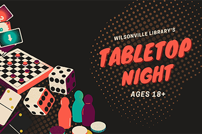 graphic of cards, chess board, dominoes, dice, and meeples with text Tabletop Night