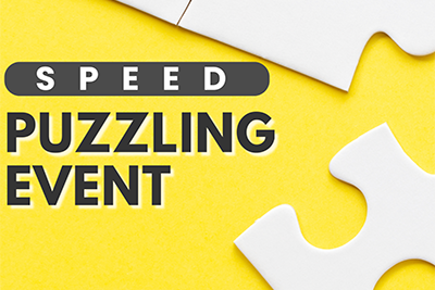white jigsaw puzzle pieces on yellow background with black text Speed Puzzling Event