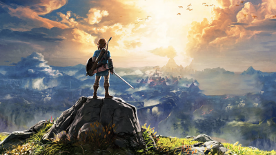 Legend of Zelda vista with character standing on mountaintop gazing at mountains in the distance