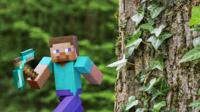 Minecraft Steve in forest next to tall tree covered in ivy