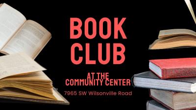 Book Club at the Community Center text with photos of books