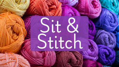 balls of yarn with text Sit & Stitch