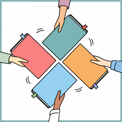 four hands sharing books