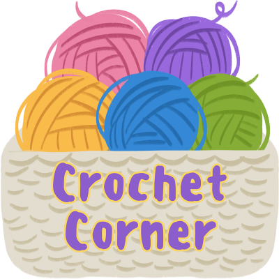 illustration of woven basket with balls of yarn and text Crochet Corner