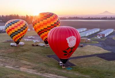 hot air balloons inflated at airport