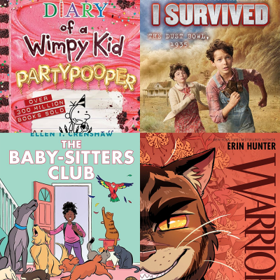 collage of book covers from series I Survived, Warriros, Diary of a Wimpy Kid, Babysitter's Club