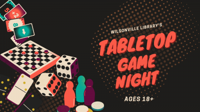 graphic of cards, chess board, dominoes, dice, and meeples with text Tabletop Game Night