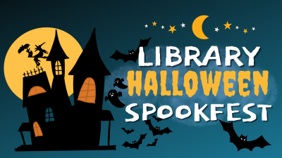 Library Halloween Spookfest text with bats haunted house and moon