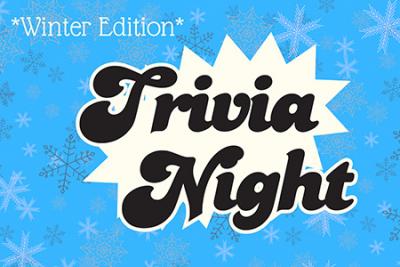 trivia night text on blue background with snowflakes and text winter edition