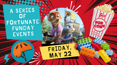 A Series of Fortunate Funday Events text with Zootopia 2 Legos Popcorn and Bike Helmet