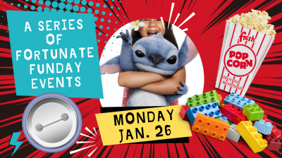 A Series of Fortunate Funday Events with Lilo and Stitch, popcorn, legos, and a button pin