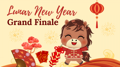Lunar New Year Grand Finale text with cartoon horse and fireworks