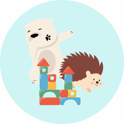 drawing of bear dancing, hedgehog playing with blocks