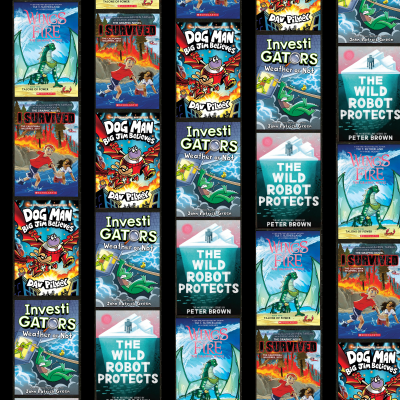 collage of series saturday book covers [Wings of Fire, I Survived, DogMan, Investigators, Wild Robot]