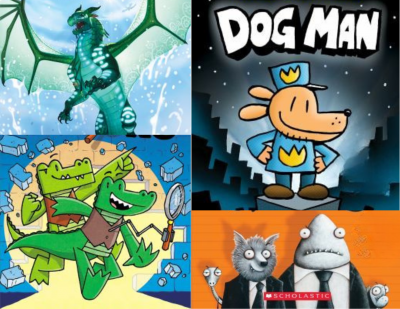 collage of book covers of Wings of Fire, Dog Man, Investigators, and Bad Guys
