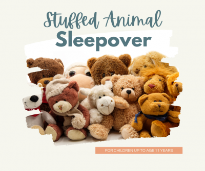 photo of stuffed animals and text stuffed animal sleepover