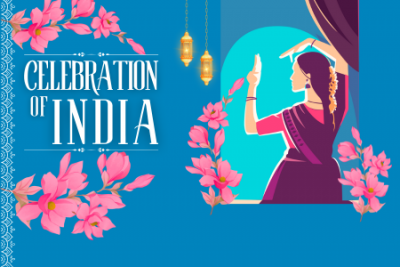 Celebration of India text with illustration of dancer and flowers