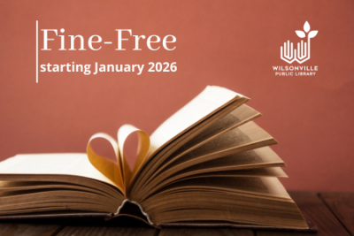 Fine-Free starting January 2026 text with photo of book with folded heart pages