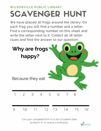 scavenger hunt puzzle sheet with cartoon frog on it