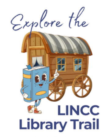 explore the lincc library trail text with covered wagon and cartoon book