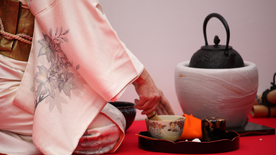 japanese tea ceremony with bamboo whisk and bowl