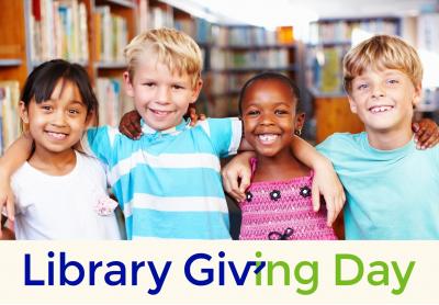 photo of four children in front of library bookstacks with text Library Giving Day