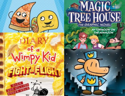 collage of book covers from series Pizza and Taco, Magic Treehouse, Diary of a Wimpy Kid, and Dog Man