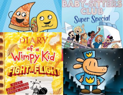 collage of book covers from series Pizza and Taco, Baby-sitters Club, Diary of a Wimpy Kid, and Dog Man