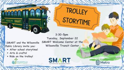 Trolley Storytime text with image of trolley and parent reading with child