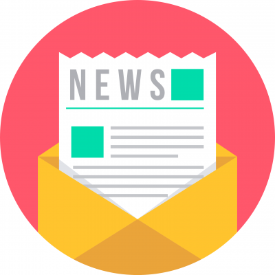 newsletter emerging from an yellow envelope on red background