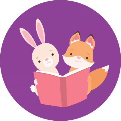 bunny & fox reading a book together on a circular purple background