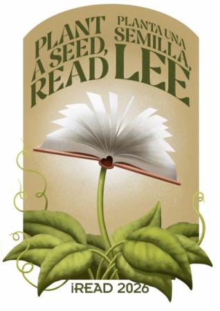 book as the flower of a plant - text: Plant a seed, read; Planta una semilla, lee