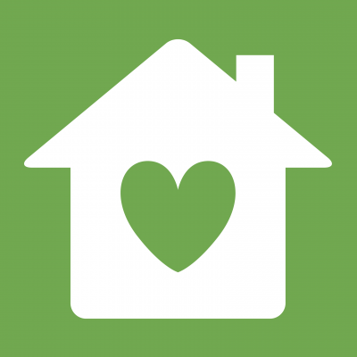 Green heart inside of white house on green background