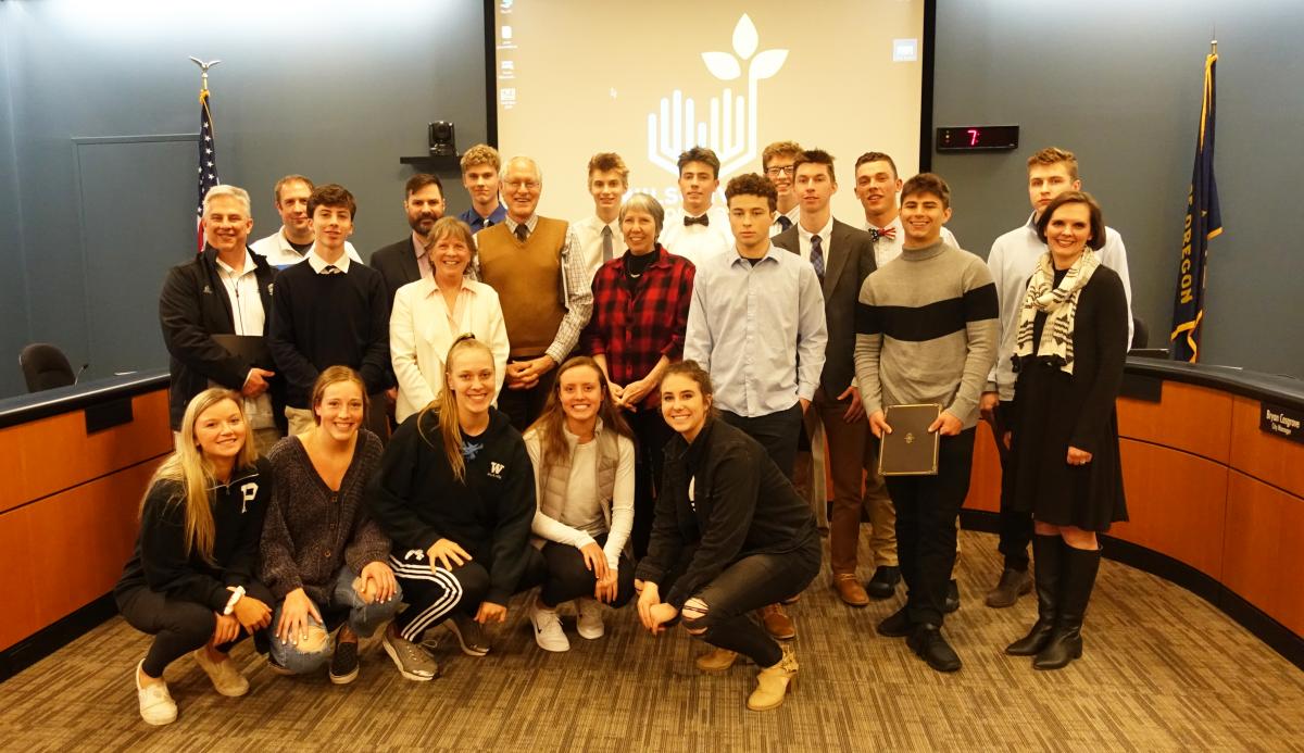 City Council welcomes members of the Wilsonville HS boys' and girls' basketball teams. 
