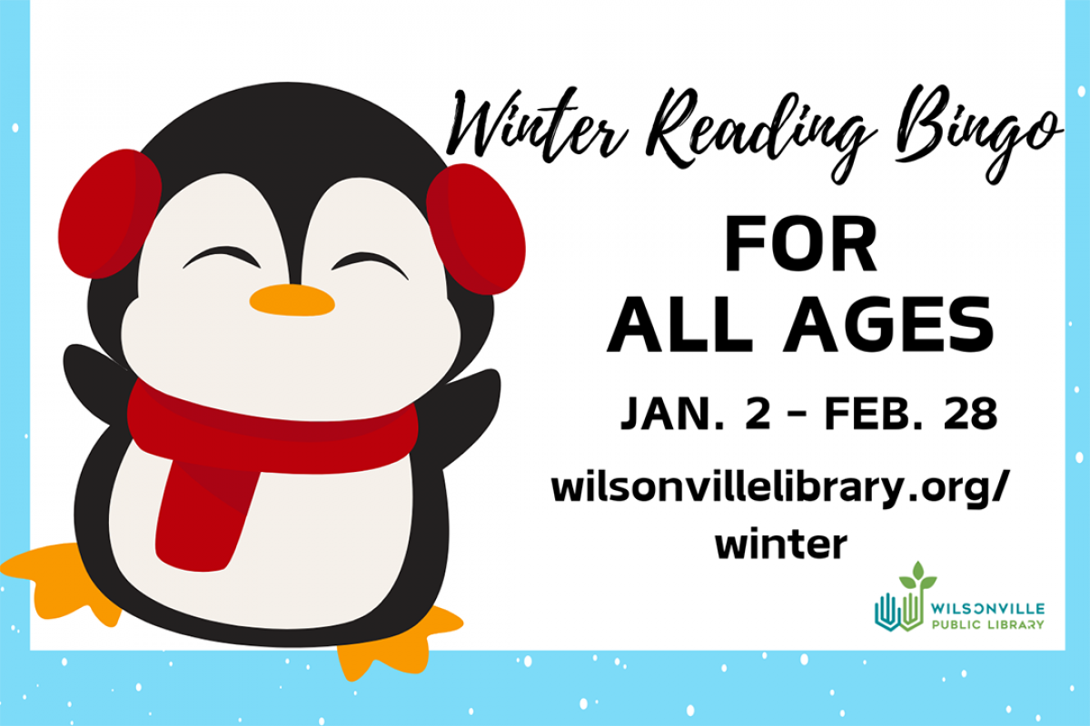 2025 Winter Reading Challenge banner with penguin in earmuffs and scarf