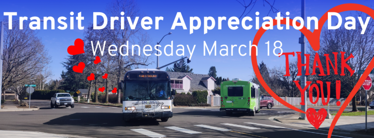Transit buses on road, with a thank you