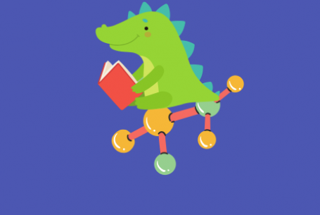 Generic green dinosaur with triangular plates sits atop a molecule while reading, blue background