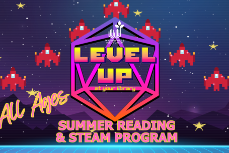 2025 Summer Reading Program logo with 8-bit spaceships and hexagon with text Level Up