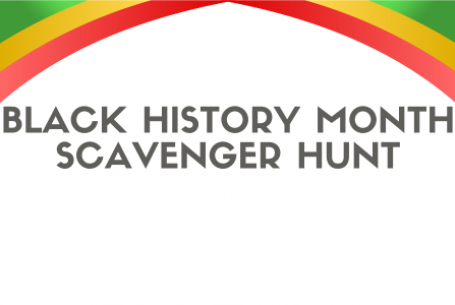 black history month scavenger hunt text with green yellow and red banner