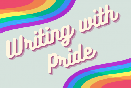 rainbow swirls with Writing with Pride text